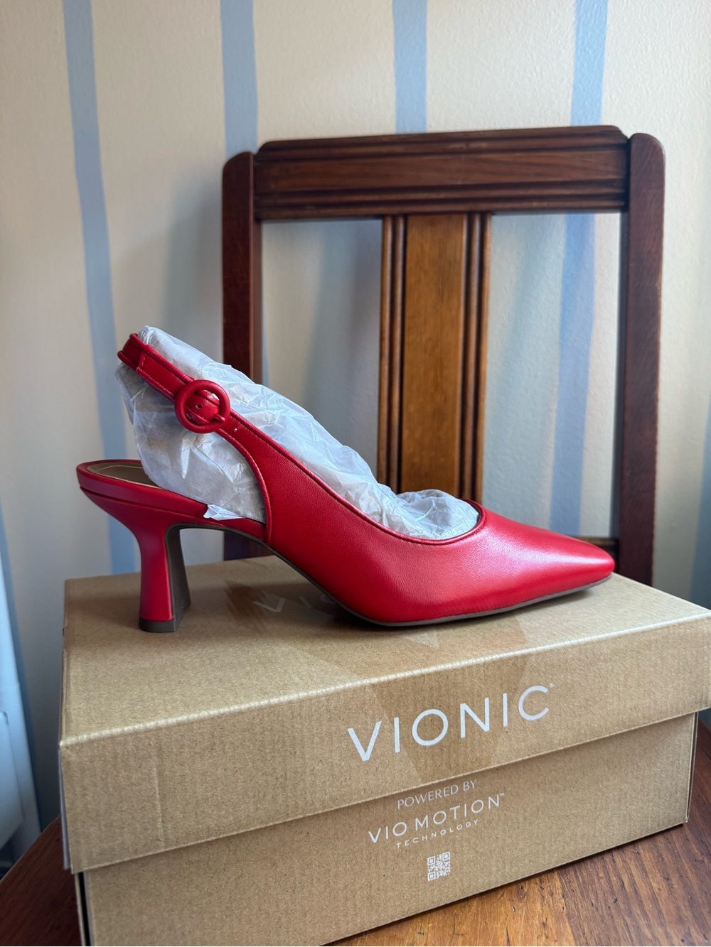 Vionic Red Pointed-Toe Slingback Pump with Button Strap